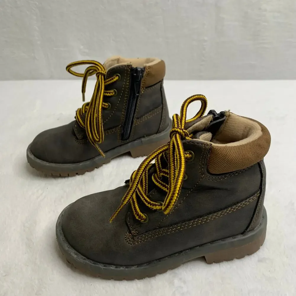 Highland Creek Boys Sz 8 Lil Brady Hiking Combat Boots Brown Gray Weatherproof